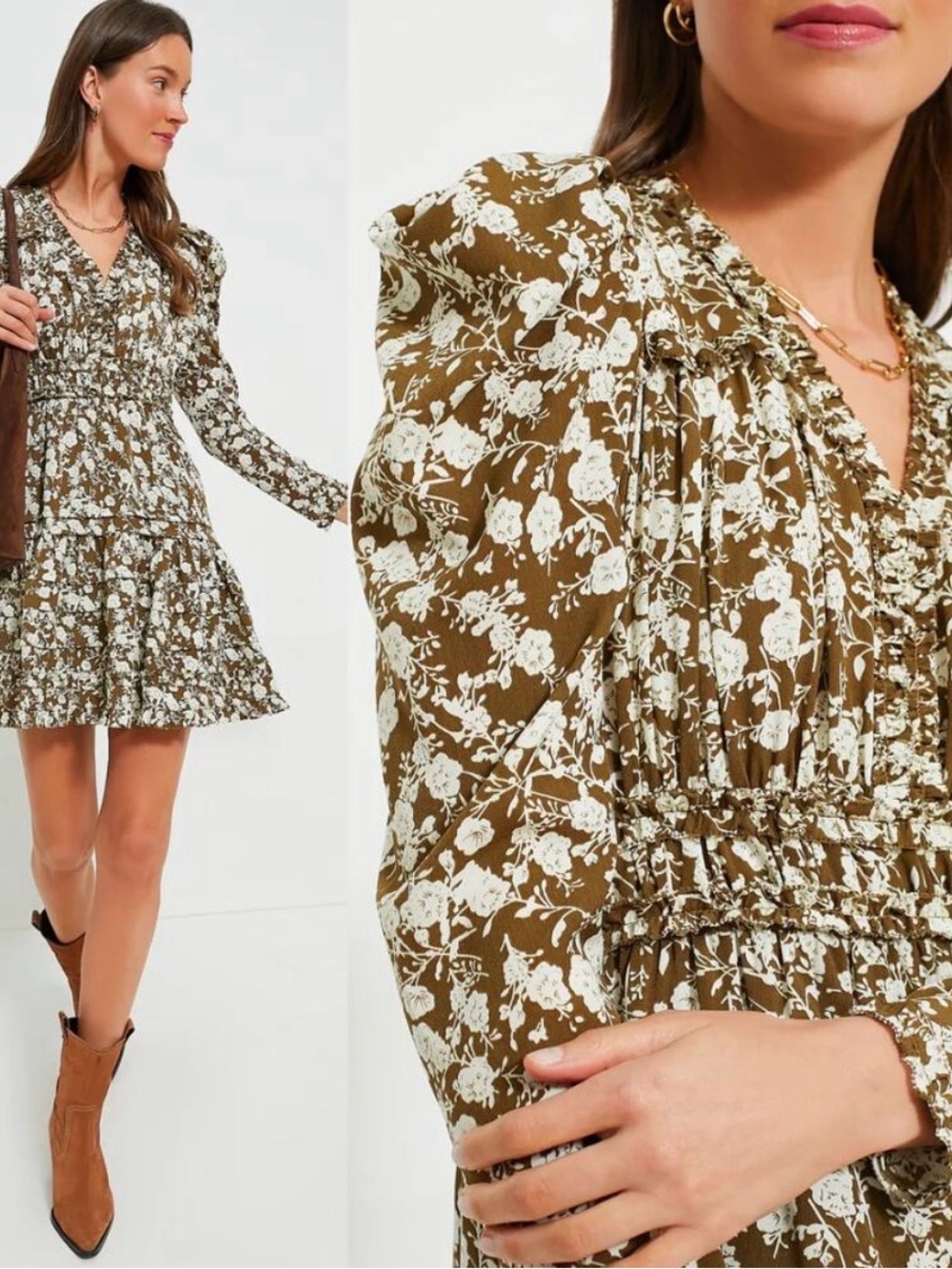 Floral Ruffle V‑Neck Mini Dress in Olive